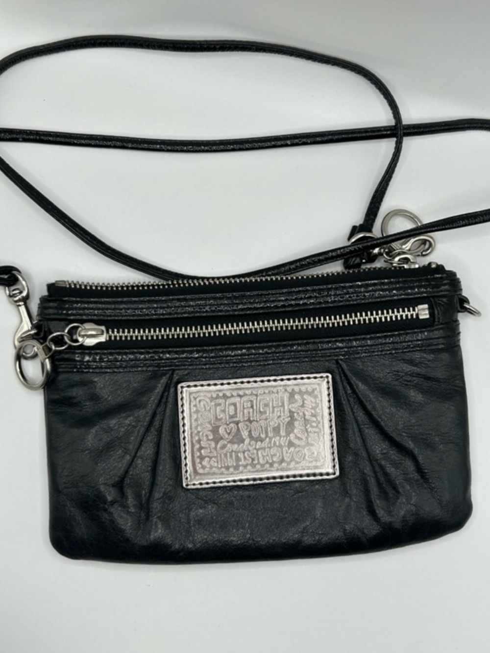 Coach Poppy Black Leather Crossbody with Silver Logo Patch